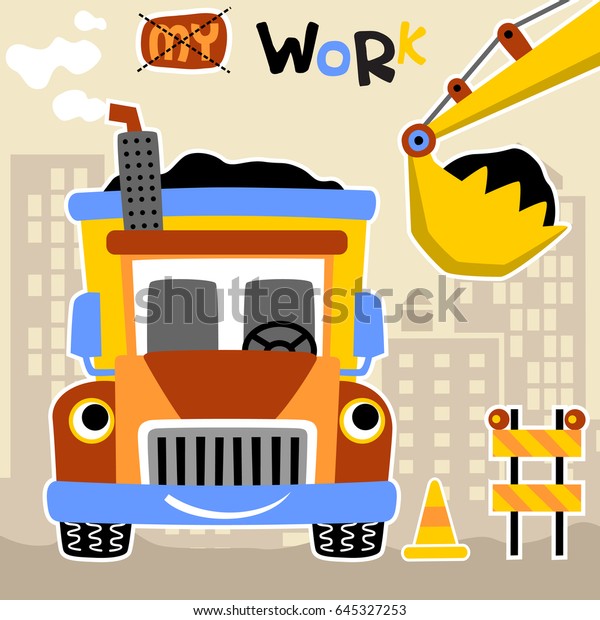 big truck\
on work zone, vector cartoon\
illustration