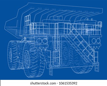 Big truck outlined vector rendering of 3d. The layers of visible and invisible lines are separated