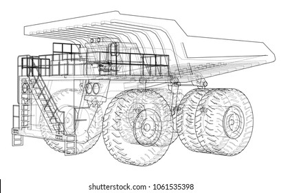 Big truck outlined vector rendering of 3d. The layers of visible and invisible lines are separated