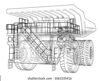 Big truck outlined vector rendering of 3d. The layers of visible and invisible lines are separated