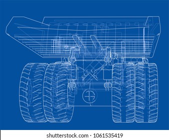 Big truck outlined vector rendering of 3d. The layers of visible and invisible lines are separated