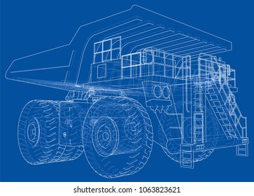 Big truck outlined vector rendering of 3d. The layers of visible and invisible lines are separated