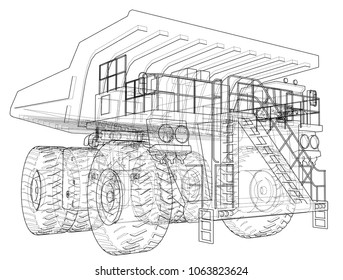 Big truck outlined vector rendering of 3d. The layers of visible and invisible lines are separated