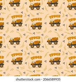 Big Truck Pattern. A truck on the road on a sandy color. Vector cartoon substrate with an inscription and vehicles for textiles. Vector illustration