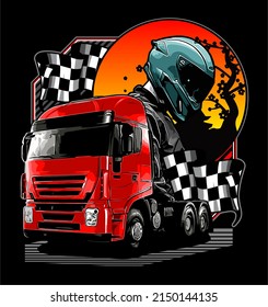 big truck racer background and racing flag vector template