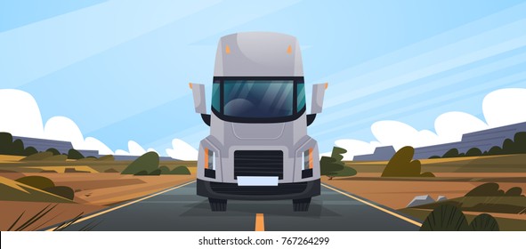 Big Truck Trailer Driving On Road In Contryside Front View Of Vahicle Delivery Natural Landscape Vector Illustration