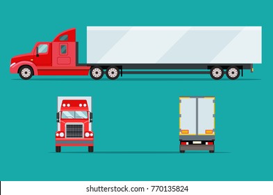 Big truck with trailer. Front, side and behind view. Vector flat illustration