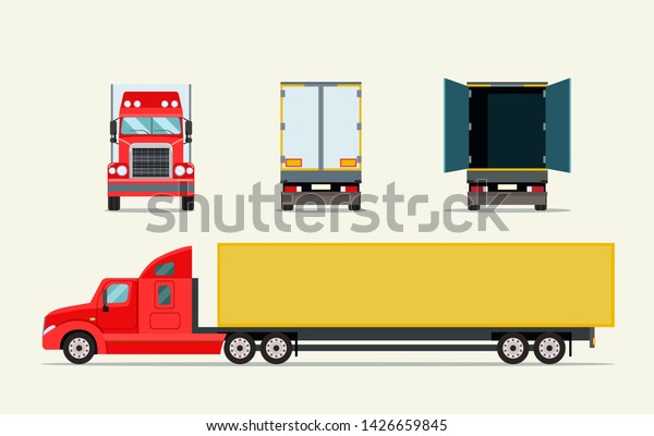 Big truck with trailer. Front,\
side behind view and open door truck. Vector flat\
illustration