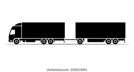 Big truck with trailer icon. Black silhouette. Side view. Vector simple flat graphic illustration. Isolated object on white background. Isolate.