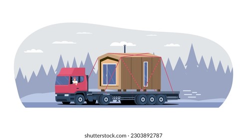 A big truck transports a ready-made modular house. Vector illustration.