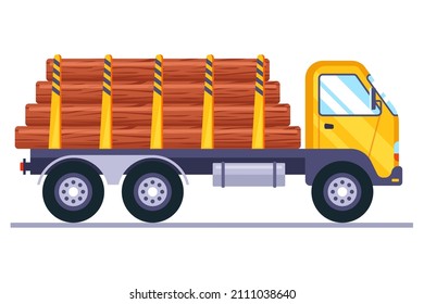 A Big Truck Transports Wood From A Sawmill. Flat Vector Illustration