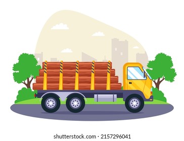 A Big Truck Transports Wood From A Sawmill. Flat Vector Illustration