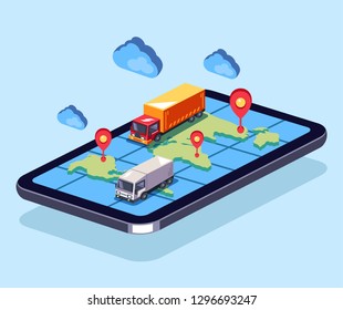 Big trucks moving on online web map smartphone. Order parcel cargo delivery online tracking concept. Vector flat cartoon graphic design isolated isometric illustration