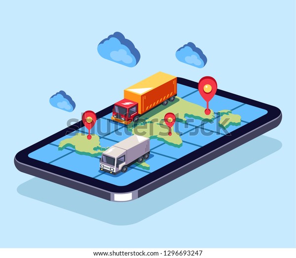 Big trucks moving\
on online web map smartphone. Order parcel cargo delivery online\
tracking concept. Vector flat cartoon graphic design isolated\
isometric illustration