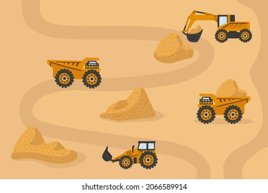 Big trucks on the road. Vector cartoon yellow transport loads yellow sand. Illustration Trucks, sand delivery vehicles. Vector illustration