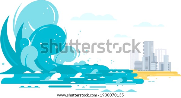 Big Tsunami Waves Coming City Flat Stock Vector (Royalty Free ...