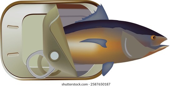 Big tuna fish jumping out of open tin can