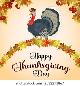 Big turkey for Thanksgiving.Vector illustration for Thanksgiving Day with turkey and autumn leaves on color background with text.