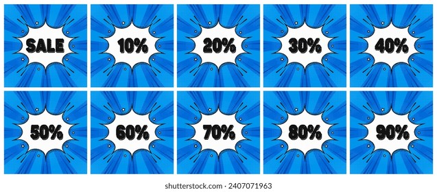 Big turquoise color sale set. Sale inscription and all percent numbers. blue and black colors. Set vector speech bubble with word phrase cartoon expression. Boom retro comic style. Vector illustration