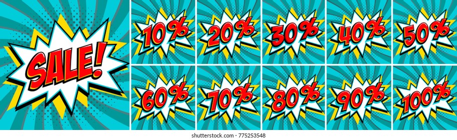 Big turquoise color sale set. Sale inscription and all percent %numbers. turquoise and red colors. Pop-art comics style web banners, flash animation, stickers, tags. Vector illustration