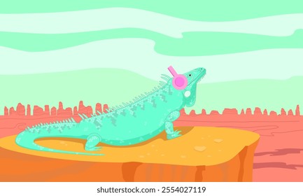 Big turquoise iguana sitting on a rock wearing earphones against a desert landscape on background. 