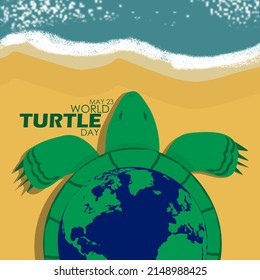 Große Schildkröte, die einen Globus am Strand mit kühlen Texten trägt, Welt-Schildkröte-Tag, 23. Mai