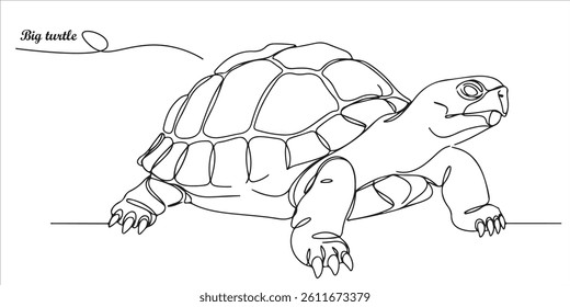 Big turtle continuous single line art drawing sketch on white background	