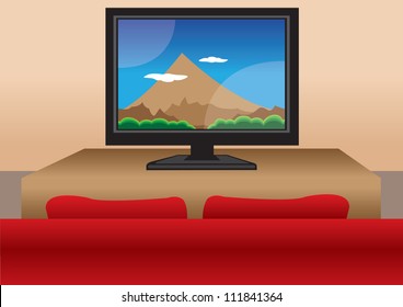 Big TV screen with a red sofa in the living room, Vector illustration.