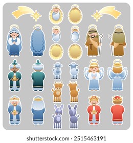 Big Two Sided Nativity Stickers Collection. Cute cartoon characters. Vector illustration.