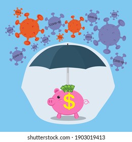 Big umbrella protect savings from Covid19, illustration vector cartoon