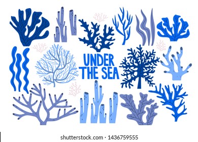 big under the sea set with different seaweeds and corals in blue colors on white background. Vector underwater elements set in simple flat style