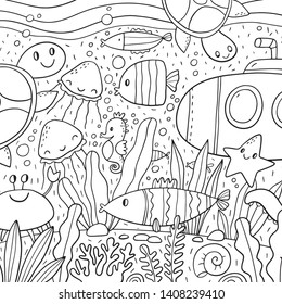 Big under water coloring page. Sea life coloring book with  fish, octopus, crab, seahorse, turtle, shells