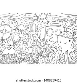 Big Under Water Coloring Page. Sea Life Coloring Book With  Fish, Octopus, Crab, Seahorse, Turtle, Shells