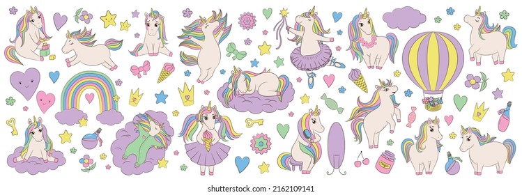 Big unicorn set of characters and objects. Bright pastel design elements for textile print, stationery, fun kids projects. Cute unicorns isolated on white background.