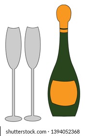 A big unopened champagne bottle with two glass to be filled in vector color drawing or illustration