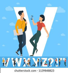 Big V letter. White letter with  young people with  tablets and smartphones and computers sending and sharing  social media posts. Flat design vector typeface initial  concept over sky background.