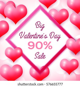 Big Valentines day Sale 90 percent discounts with pink square frame. Background with red balloons heart pattern. Wallpaper, flyers, invitation, posters, brochure, banners. Vector illustration.