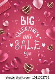 Big Valentines day sale background, handwritten text with hearts, ribbons and confetti on a pink background.
