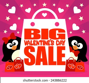 Big Valentine's day Sale card with penguins