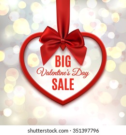 Big Valentines day sale, poster template. Red heart with red ribbon and bow, on abstract background with hearts and bokeh circles.  Vector illustration.