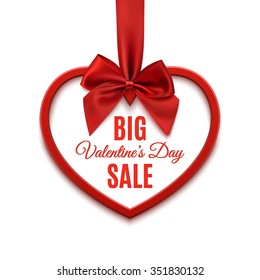 Big Valentines day sale, poster template. Red heart with red ribbon and bow, isolated on white background. Vector illustration.