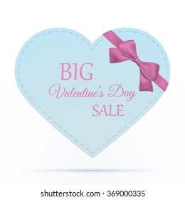 Big Valentines day sale, poster template. Blue heart with purple ribbon and bow, isolated on white background. Vector illustration.