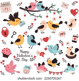 Big Valentine's Day set for cards   stickers  Collection vector elements: birds  calendar  lock  key  jar  hearts  coffee  puzzles  envelope  love 
