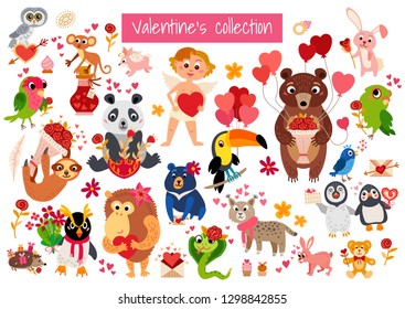 Big Valentine's Day set a cartoon characters isolated on white background. Decoration valentine's day. Love Stickers animals collection - Vector illustration
