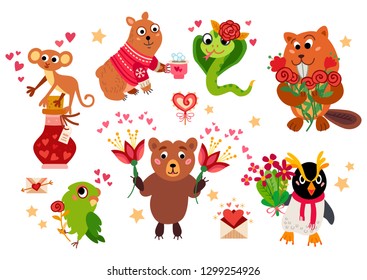 Big Valentine's Day set a cartoon characters isolated on white background. Decoration valentine's day. Love Stickers animals collection - Vector illustration