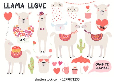 Big Valentines day set with cute funny llamas, hearts, text, Spanish Como te llamas, Whats you name. Isolated objects on white. Hand drawn vector illustration. Flat design. Concept for children print