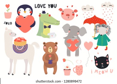 Big Valentines day set with cute funny animals, hearts, text. Isolated objects on white background. Hand drawn vector illustration. Scandinavian style flat design. Concept for card, children print.