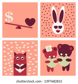 Big Valentines day set with cute funny animals, hearts, text. Isolated objects on white background. Hand drawn vector illustration.