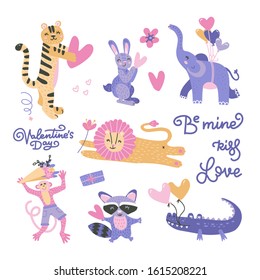 Big Valentines day set with cute funny animals, hearts, text. Isolated objects on white background. Hand drawn vector illustration. Scandinavian style flat design. Concept for card, children print.