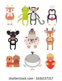 Big Valentines day set with cute animals, hearts, gift, flowers. Isolated objects on white background. Hand drawn vector illustration. Scandinavian style flat design. Concept for kids holiday print.